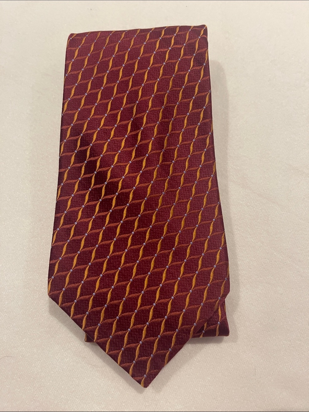 Ike Behar burgundy Tie with orange/gold Lattice Pattern
